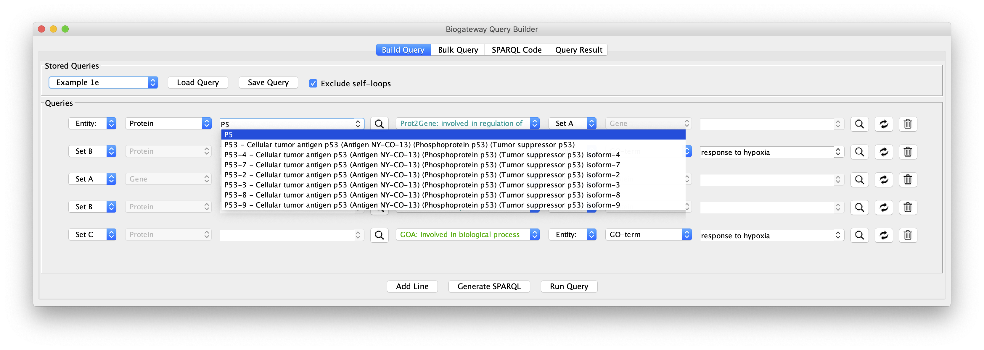 Figure 12: Example of the Autocomplete function. When entering another entity name the autocomplete provides a drop-down list with matching entities, from which you may choose the appropriate one to build a query centered around that protein.