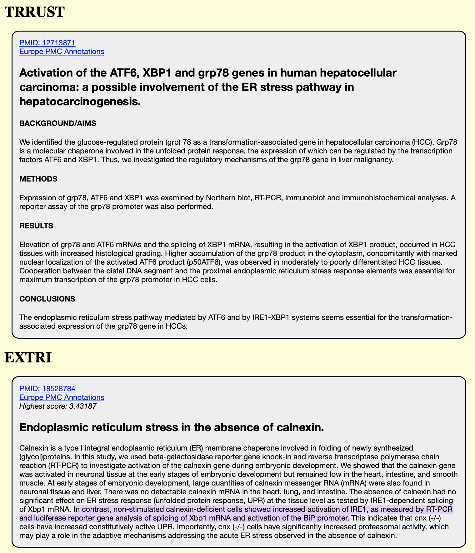 A screenshot of the website displaying more information about the transcription factor regulation. The sentence found by the text mining algorithm is highlighted in purple. Links to the Pubmed Abstract and Europe PMC abstract (including SciLite annotation tool) are provided in the top left corners above the abstract information.